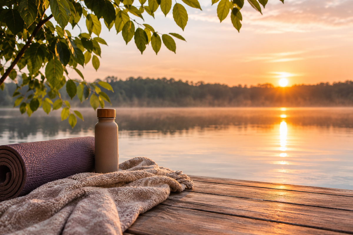 Golden sunrise over a quiet lake with a yoga mat, folded blanket and water bottle on an empty wooden dock.