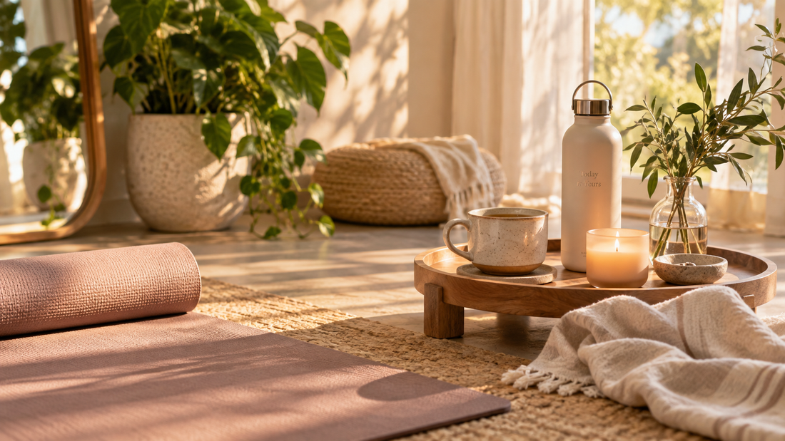 A warm sunlit wellness corner with a yoga mat, candle, mug, greenery, and a bottle that reads Today Is Yours
