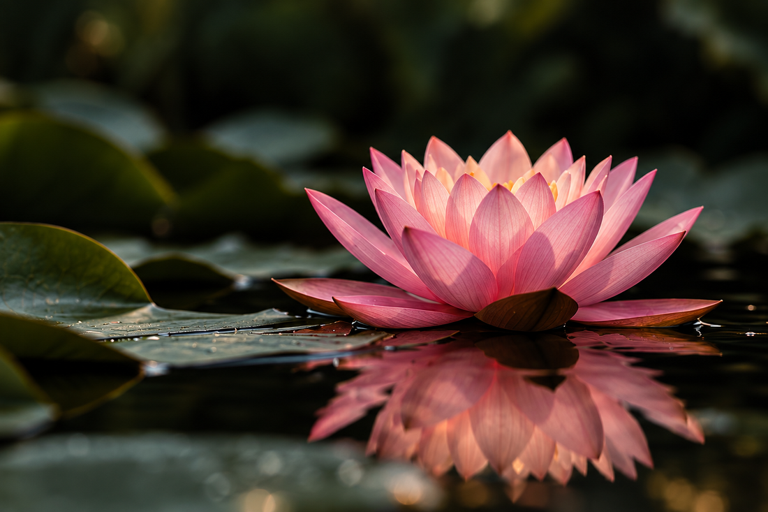 A luminous pink lotus floating on dark reflective water with lily pads and warm natural light