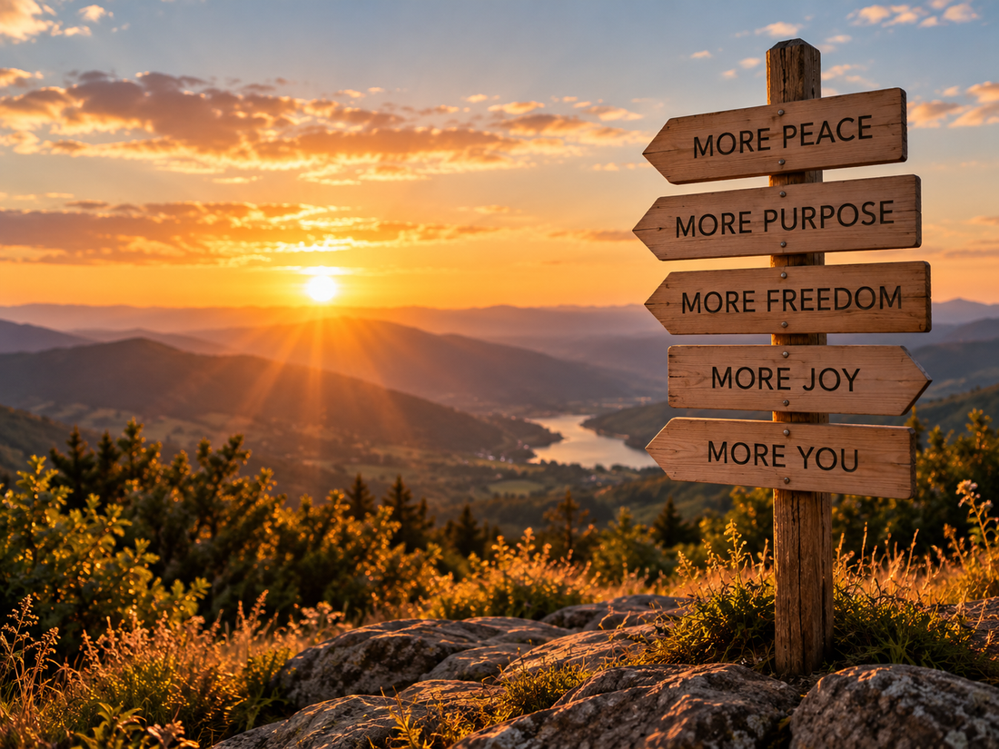 A sunrise over mountain valleys beside a wooden sign pointing toward more peace, more purpose, more freedom, more joy, and more you